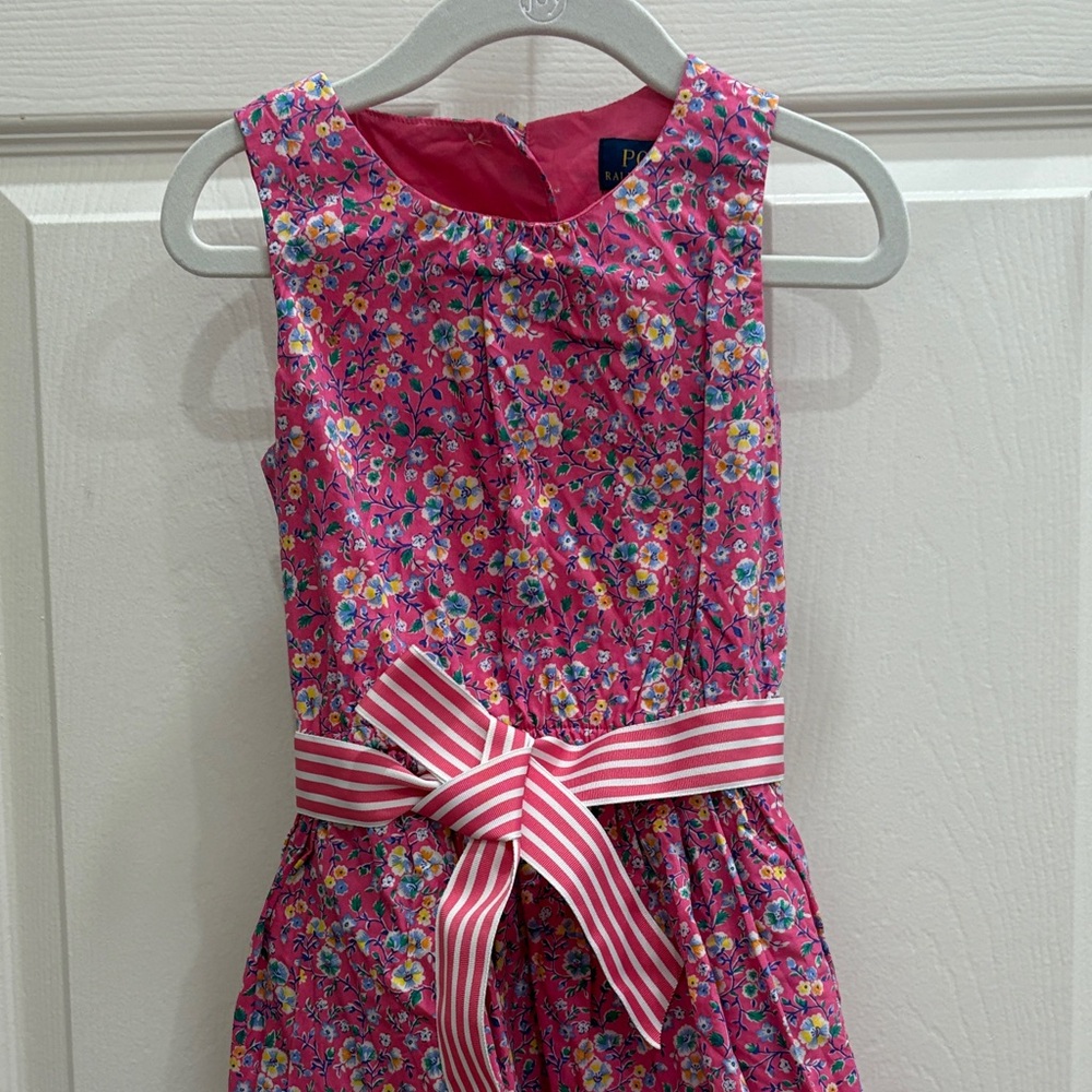 Ralph Lauren girls side 3 Pink Floral Dress with Striped Bow